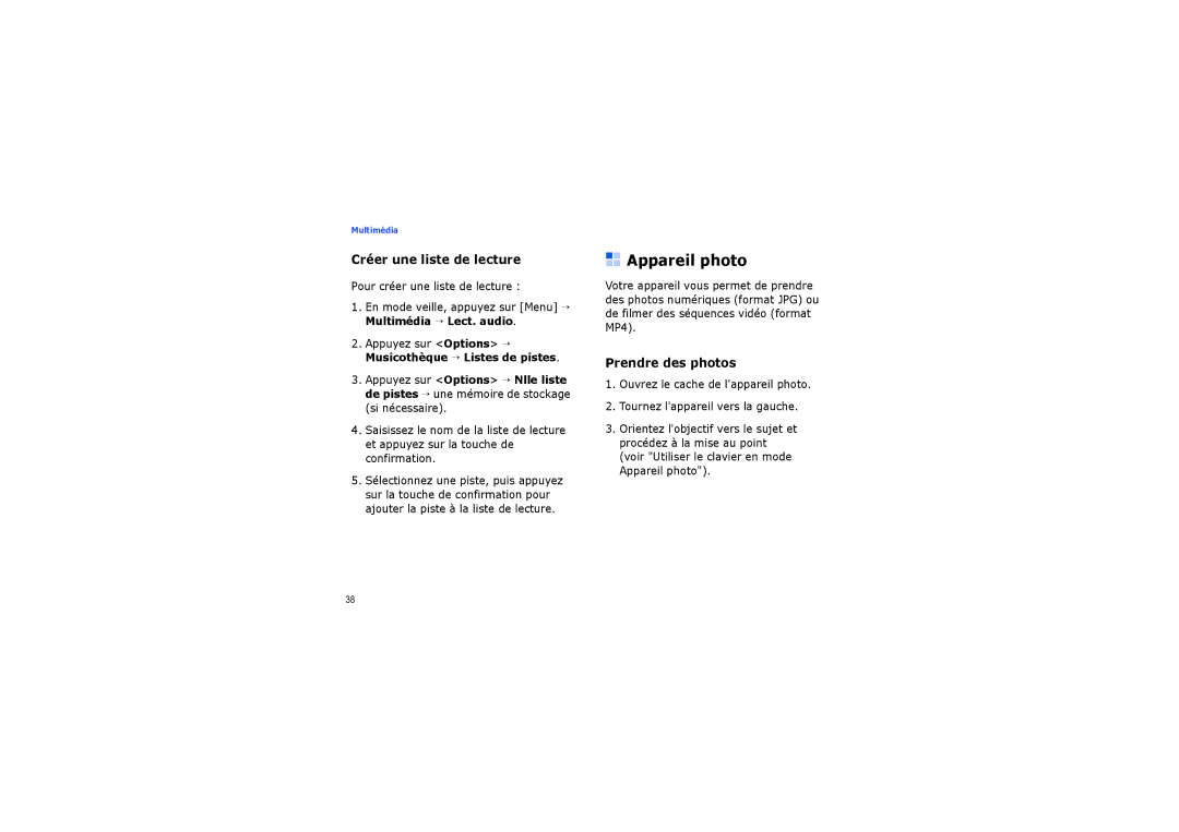 Samsung SGH-G810EACBOG Appareil photo, Créer une liste de lecture, Prendre des photos, Pour créer une liste de lecture 