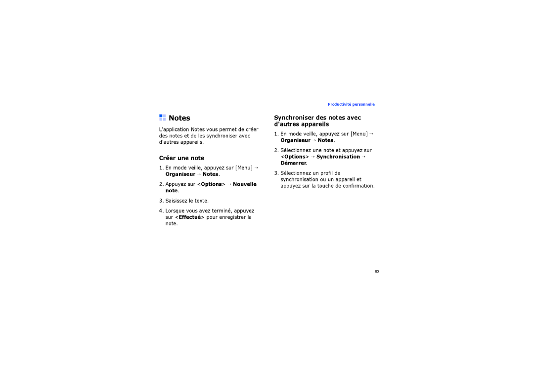 Samsung SGH-G810EACBOG, SGH-G810EACXEF, SGH-G810EACSFR manual Créer une note, Synchroniser des notes avec dautres appareils 