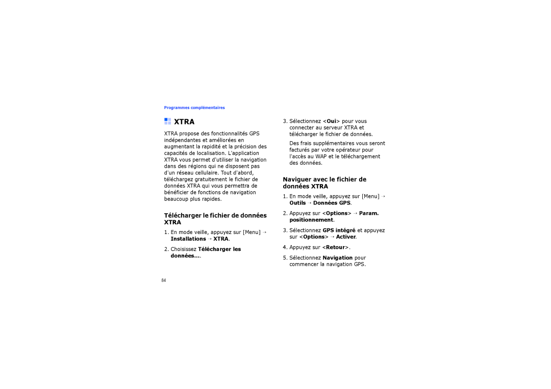 Samsung SGH-G810EACXEF, SGH-G810EACBOG manual Télécharger le fichier de données, Naviguer avec le fichier de données Xtra 