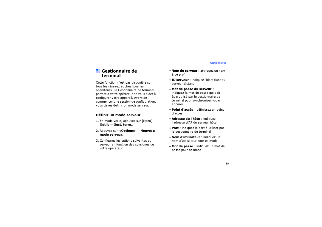 Samsung SGH-G810EACXEF manual Gestionnaire de terminal, Définir un mode serveur, Point daccès définissez un point daccès 