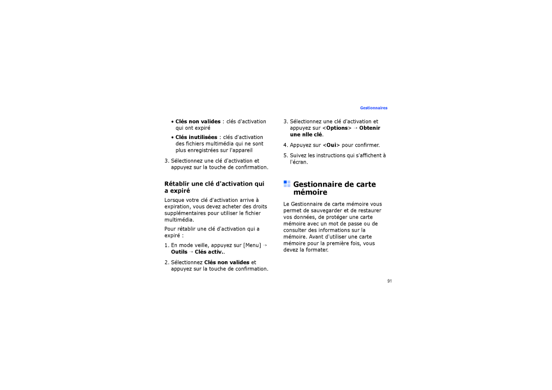 Samsung SGH-G810EAAXEF, SGH-G810EACBOG manual Gestionnaire de carte mémoire, Rétablir une clé dactivation qui a expiré 