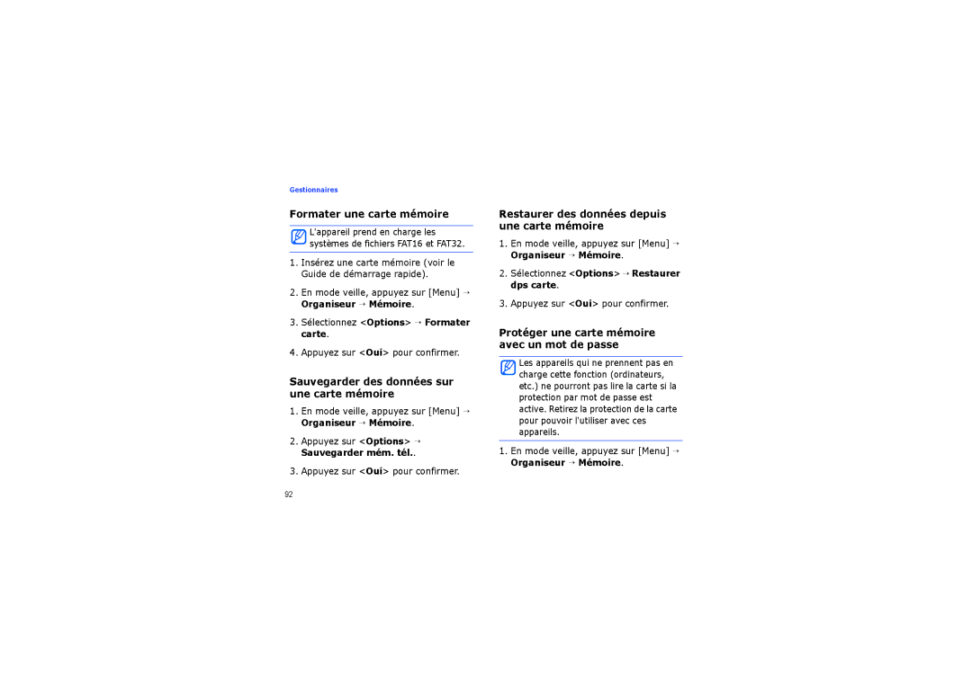 Samsung SGH-G810EAASFR, SGH-G810EACBOG manual Formater une carte mémoire, Sauvegarder des données sur une carte mémoire 