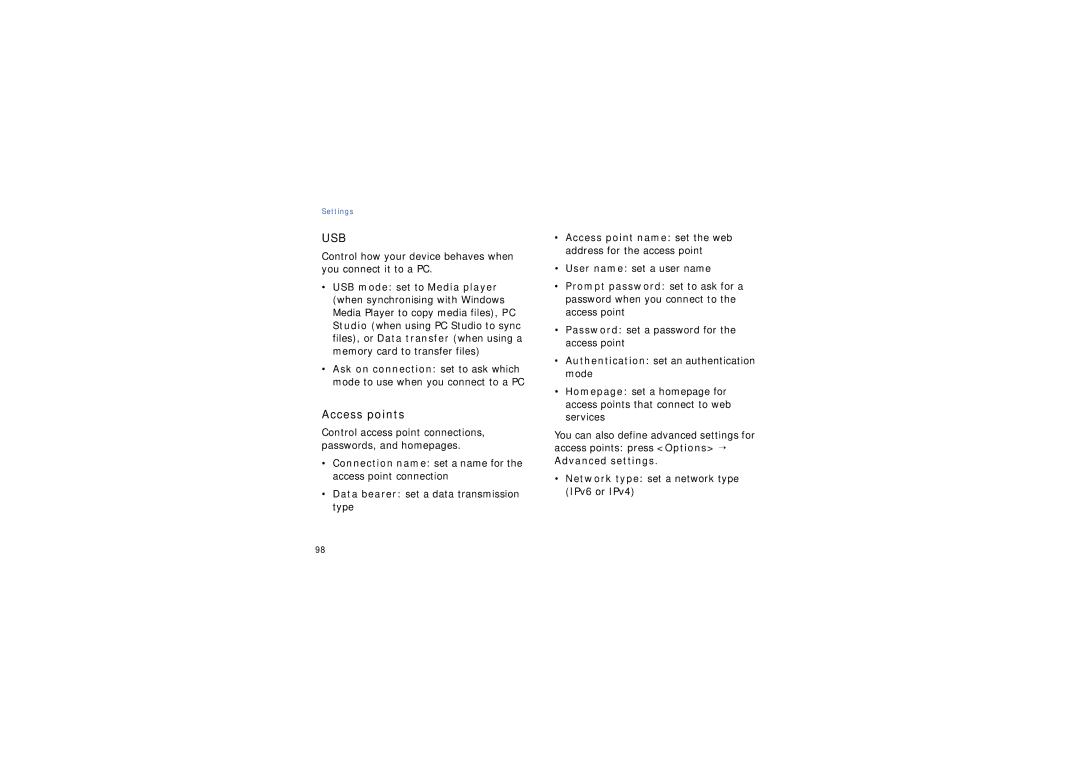 Samsung SGH-G810EAAECT, SGH-G810EACVIA manual Access points, Control how your device behaves when you connect it to a PC 