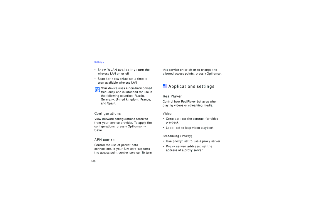 Samsung SGH-G810EAAARB, SGH-G810EACVIA, SGH-G810EACDBT manual Applications settings, Configurations, APN control, RealPlayer 