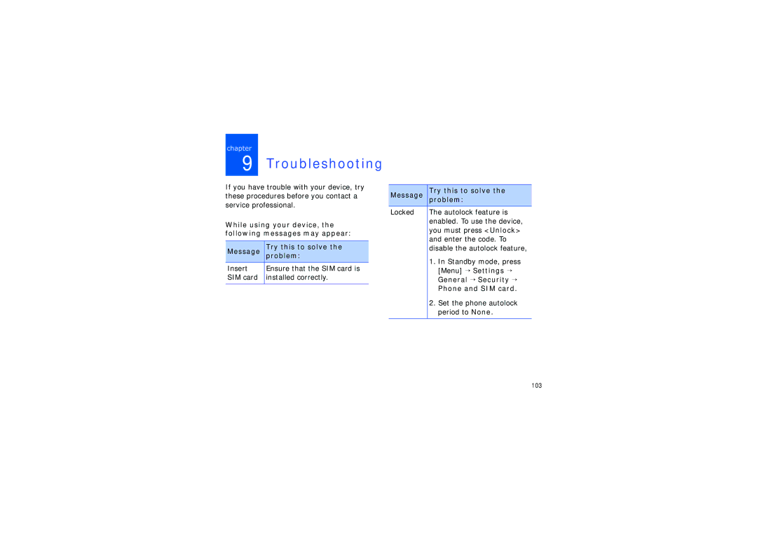 Samsung SGH-G810EAAFPT manual Troubleshooting, Message Try this to solve Problem, Menu → Settings →, General → Security → 