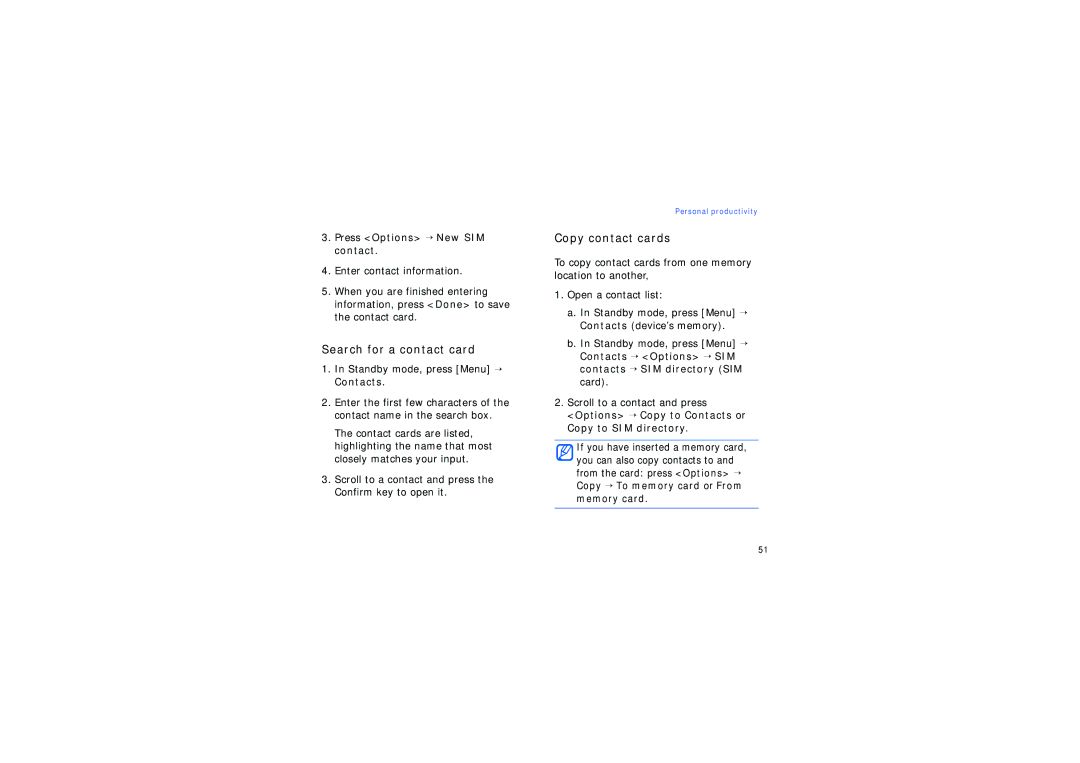Samsung SGH-G810EAASFR, SGH-G810EACVIA manual Search for a contact card, Copy contact cards, Press Options → New SIM contact 