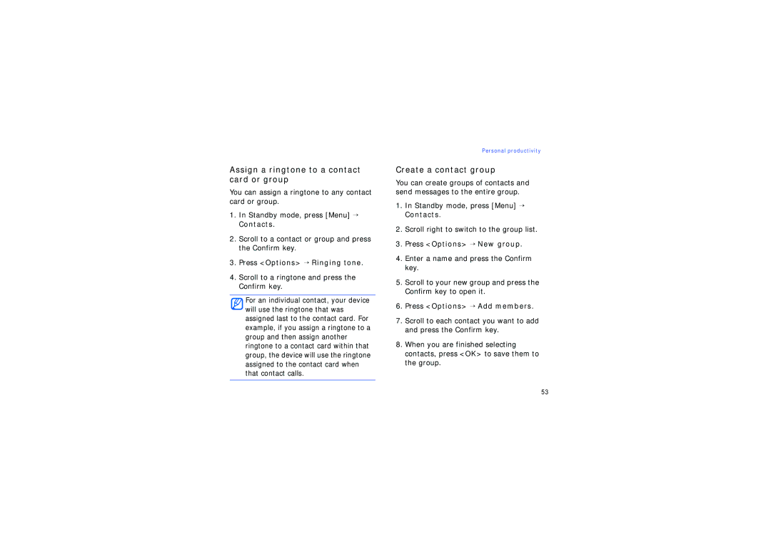 Samsung SGH-G810EAATHR Assign a ringtone to a contact card or group, Create a contact group, Press Options → Ringing tone 