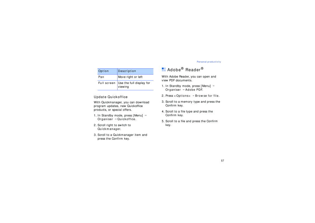 Samsung SGH-G810EAAFPT Adobe Reader, Update Quickoffice, Option Description Pan Move right or left Full screen, Viewing 
