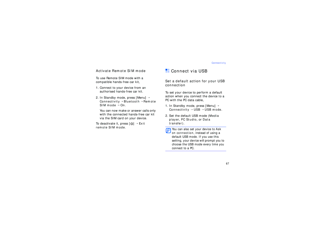 Samsung SGH-G810EACVIA manual Connect via USB, Activate Remote SIM mode, Set a default action for your USB connection 