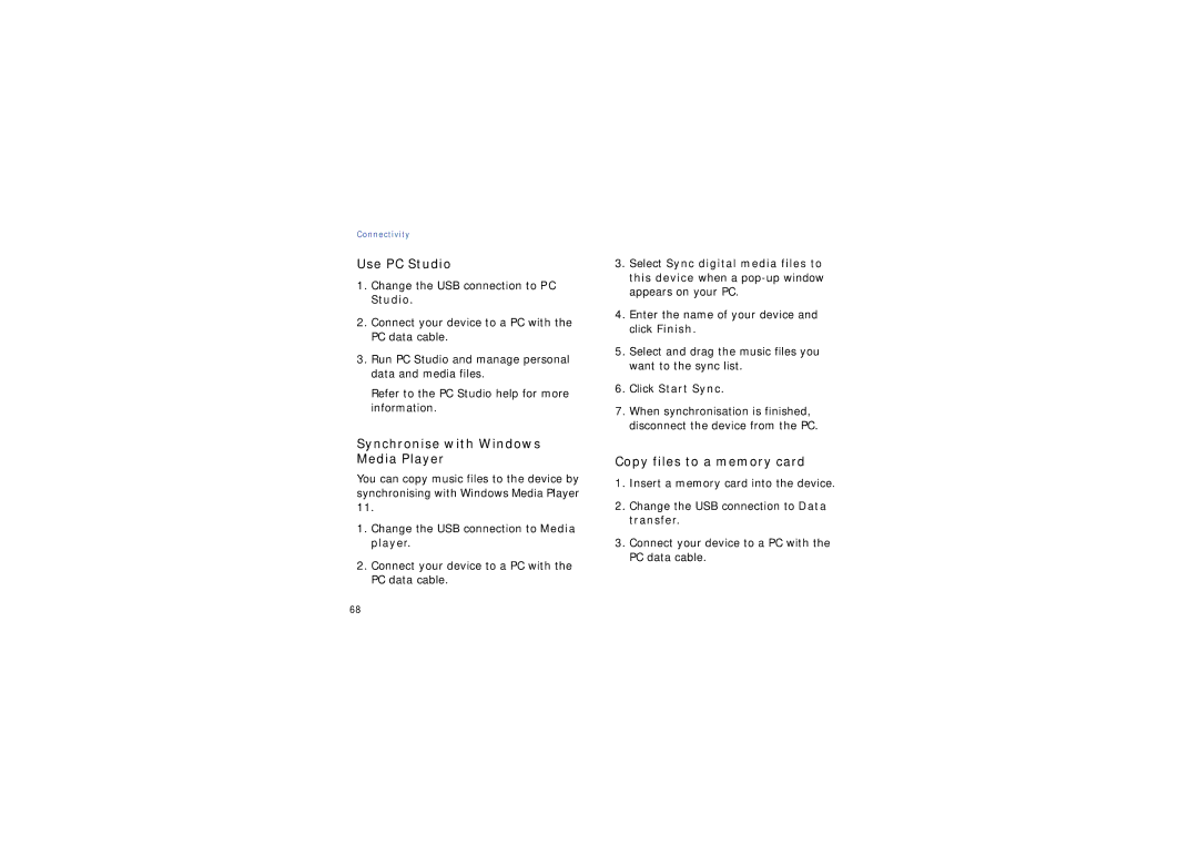 Samsung SGH-G810EACDBT manual Synchronise with Windows Media Player, Copy files to a memory card, Click Start Sync 