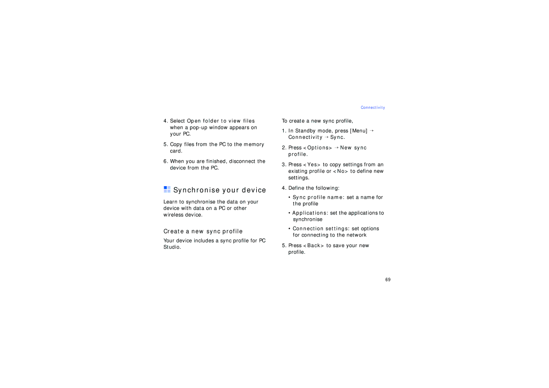 Samsung SGH-G810EAAVIA manual Synchronise your device, Create a new sync profile, Press Options → New sync profile 