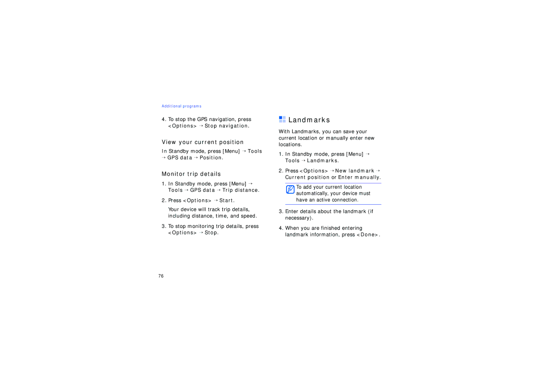 Samsung SGH-G810EAATHR, SGH-G810EACVIA Landmarks, View your current position, Monitor trip details, → GPS data → Position 