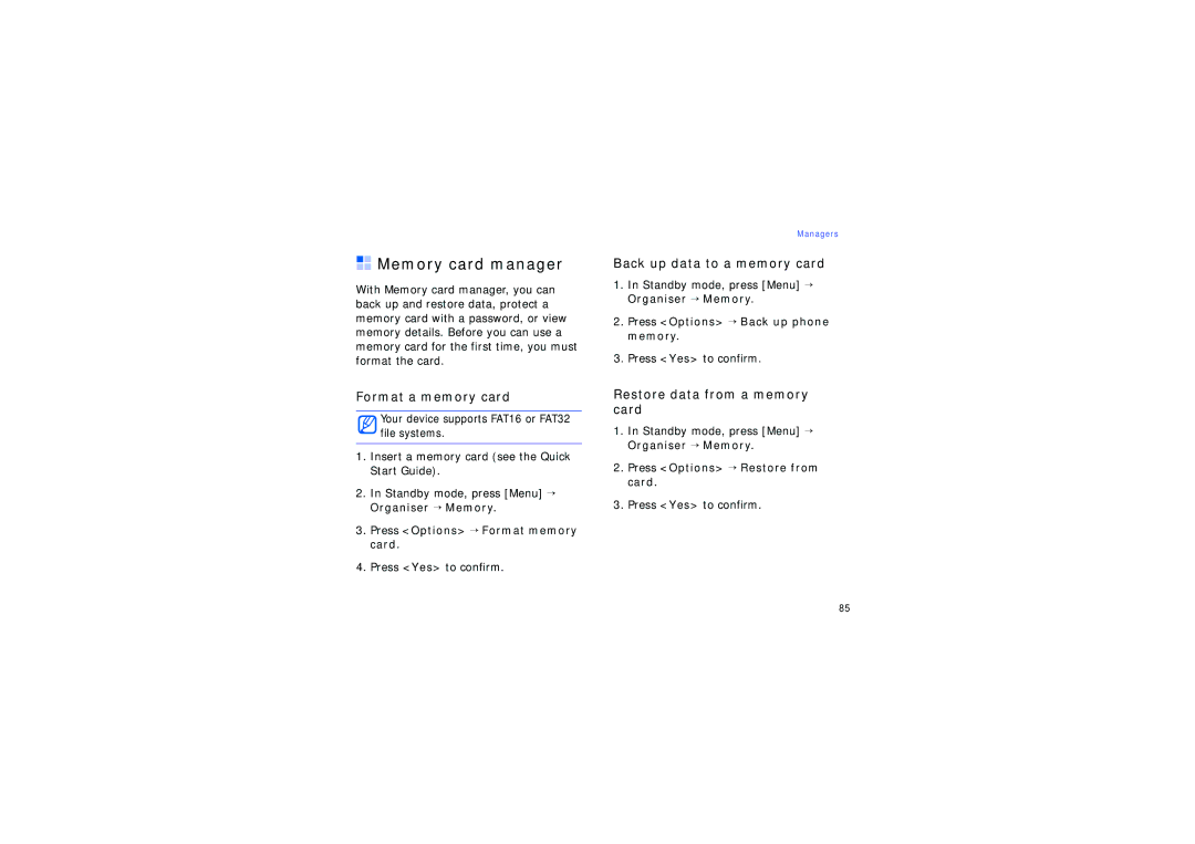 Samsung SGH-G810EAASEB, SGH-G810EACVIA manual Memory card manager, Format a memory card, Back up data to a memory card 