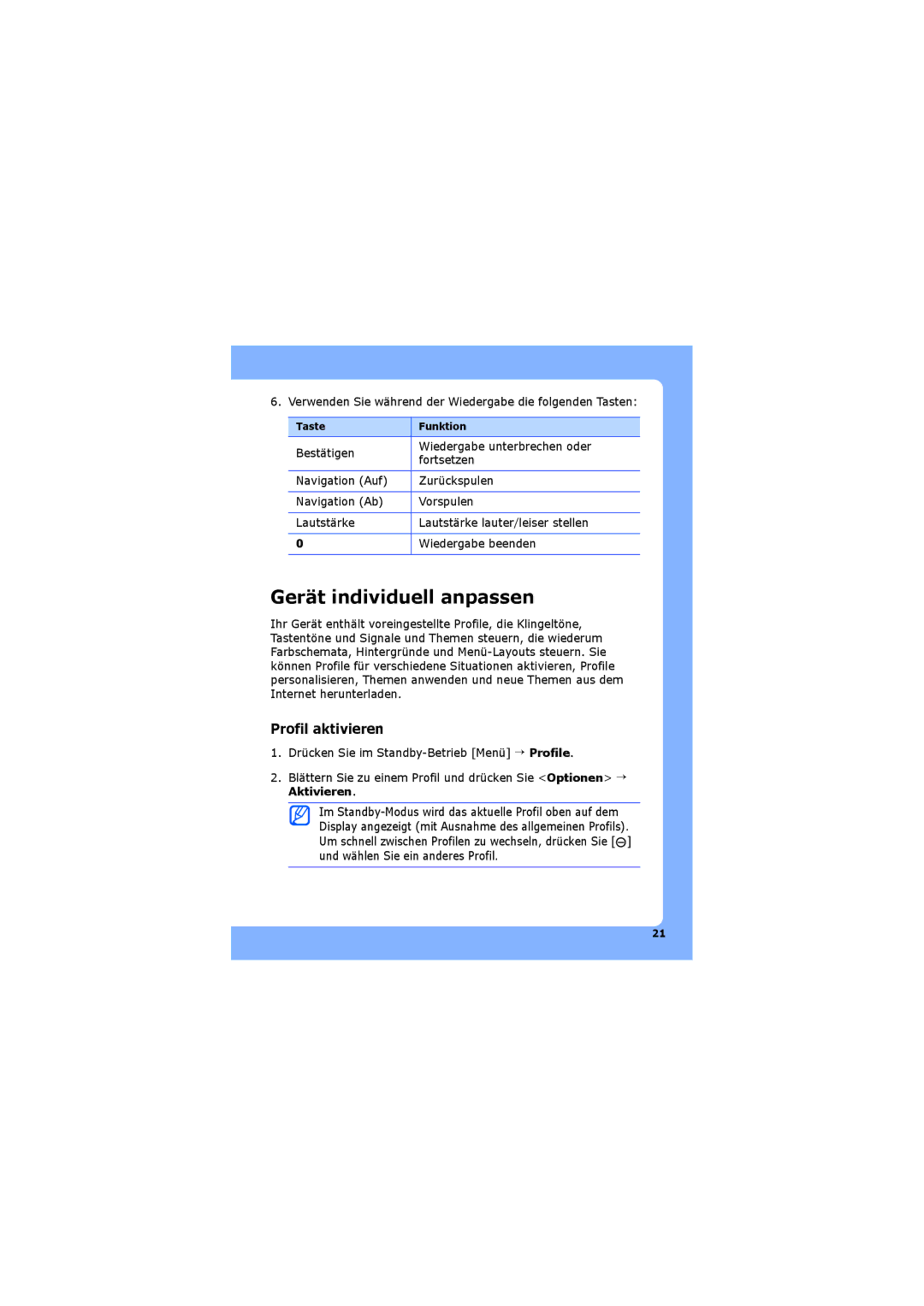 Samsung SGH-G810EACVIA, SGH-G810EACDBT, SGH-G810EAAVIA manual Gerät individuell anpassen, Profil aktivieren, Taste Funktion 