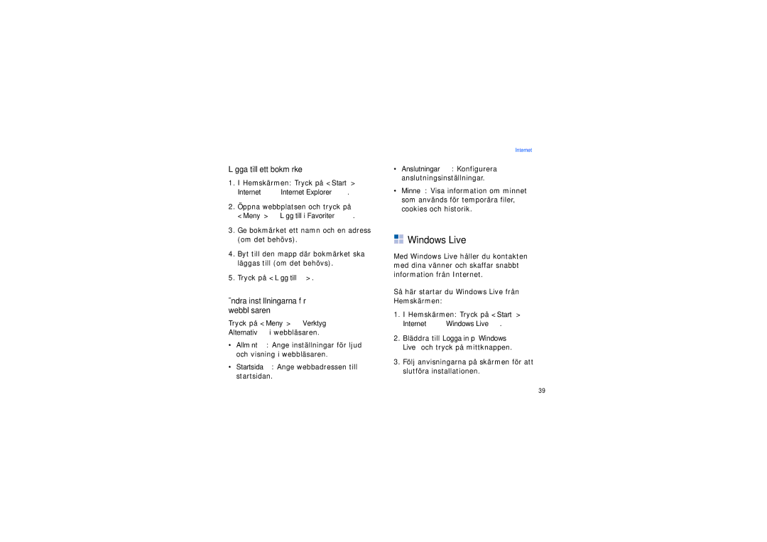Samsung SGH-I200EKAXEE, SGH-I200EKATDC manual Windows Live, Lägga till ett bokmärke, Ändra inställningarna för webbläsaren 