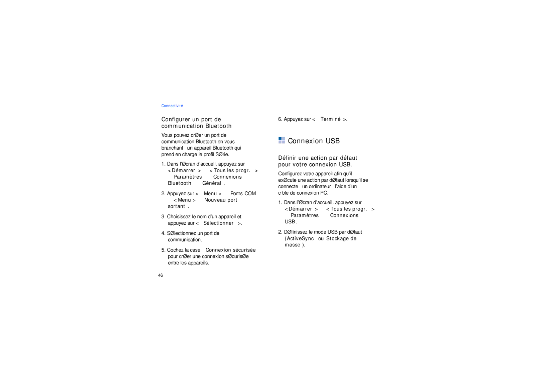 Samsung SGH-I200HBABOG manual Connexion USB, Configurer un port de communication Bluetooth, → Menu → Nouveau port sortant 