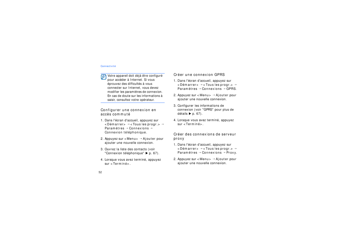 Samsung SGH-I200EKAFTM, SGH-I200HBAFTM, SGH-I200HBABOG Configurer une connexion en accès commuté, Créer une connexion Gprs 