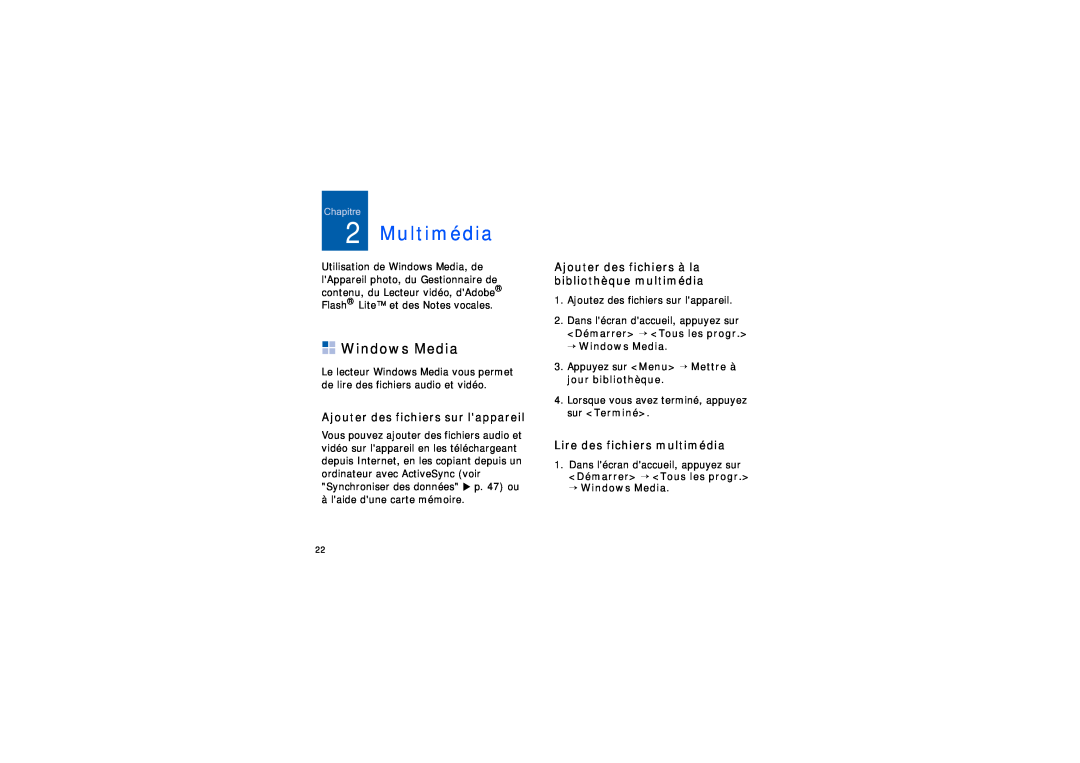 Samsung SGH-I200MAAFTM manual Multimédia, Windows Media, Ajouter des fichiers sur lappareil, Lire des fichiers multimédia 