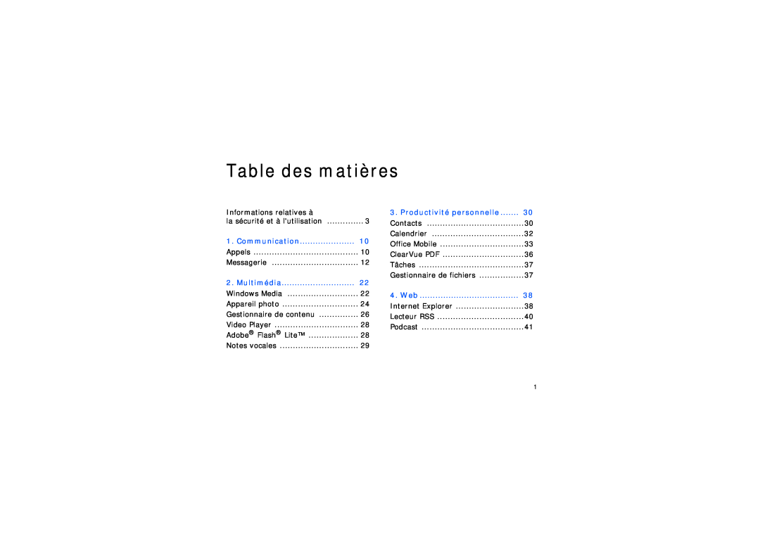 Samsung SGH-I200MAAFTM Table des matières, Productivité personnelle, Web, Communication, Appels, Messagerie, Multimédia 