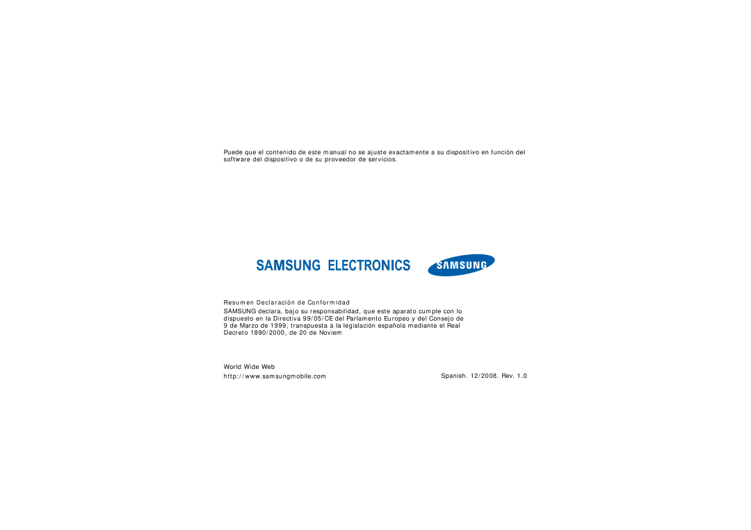 Samsung SGH-I200HBBXEC, SGH-I200MAAAMN, SGH-I200MAAEUS, SGH-I200HBBFOP manual Resumen Declaración de Conformidad 