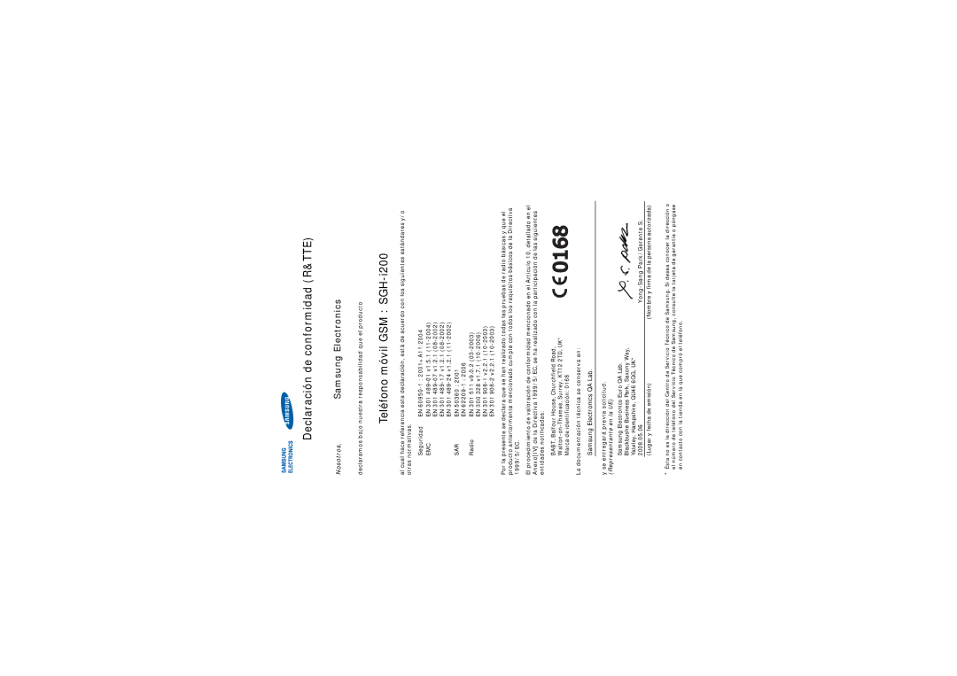 Samsung SGH-I200HBAFOP, SGH-I200MAAAMN, SGH-I200HBBXEC, SGH-I200MAAEUS, SGH-I200HBBFOP manual Declaración de conformidad R&TTE 