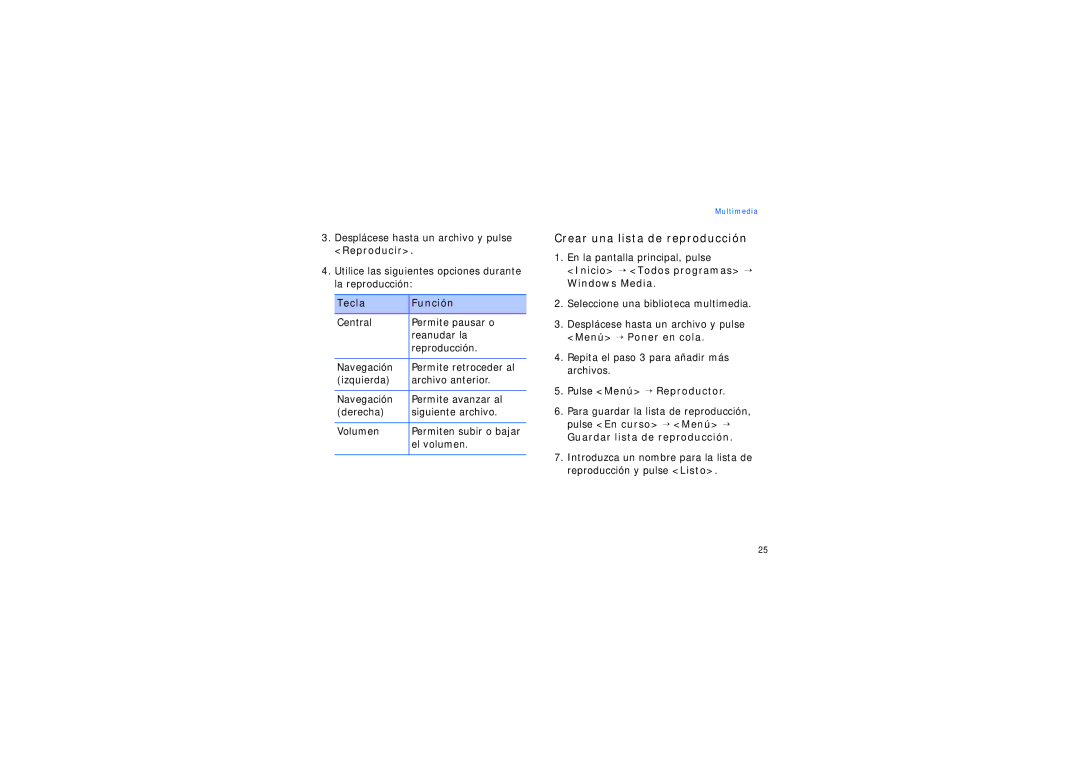 Samsung SGH-I200HBAFOP manual Crear una lista de reproducción, Tecla Función, El volumen, Pulse Menú → Reproductor 