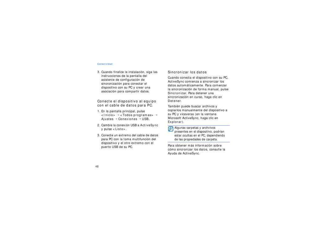 Samsung SGH-I200HBBXEC, SGH-I200MAAAMN manual Sincronizar los datos, Cambie la conexión USB a ActiveSync y pulse Listo 