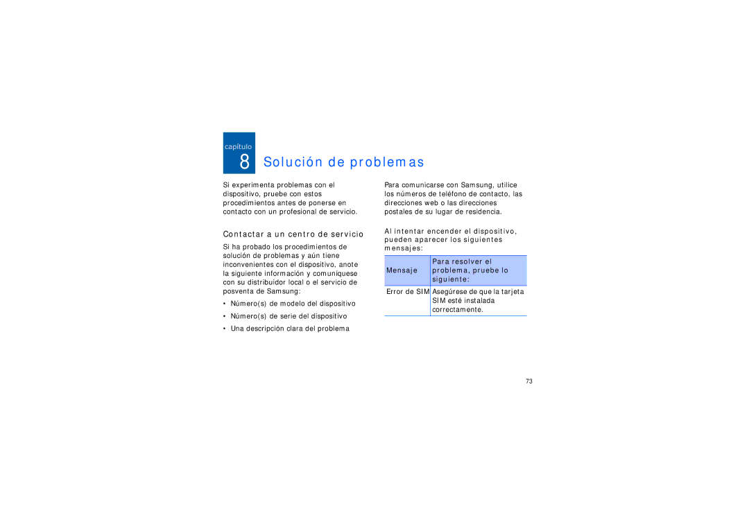Samsung SGH-I200HBAXEC, SGH-I200MAAAMN, SGH-I200HBBXEC manual Solución de problemas, Contactar a un centro de servicio 