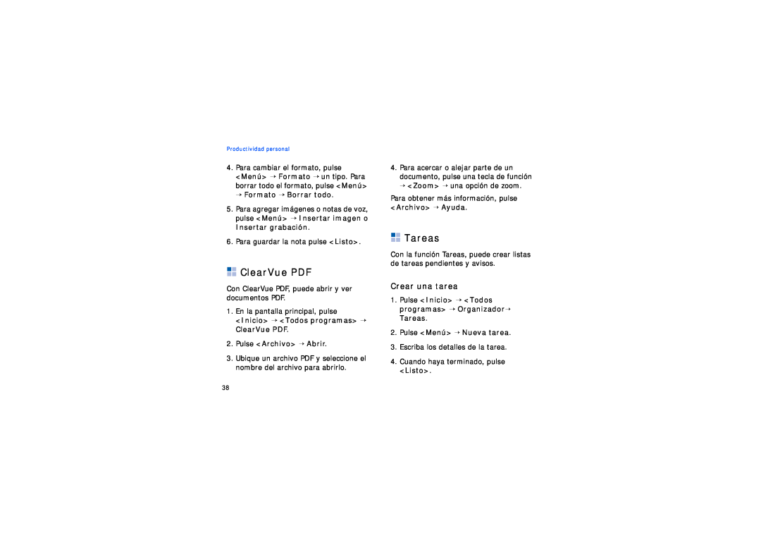 Samsung SGH-I200HBBXEC manual ClearVue PDF, Tareas, Crear una tarea, → Formato → Borrar todo, Pulse Menú → Nueva tarea 