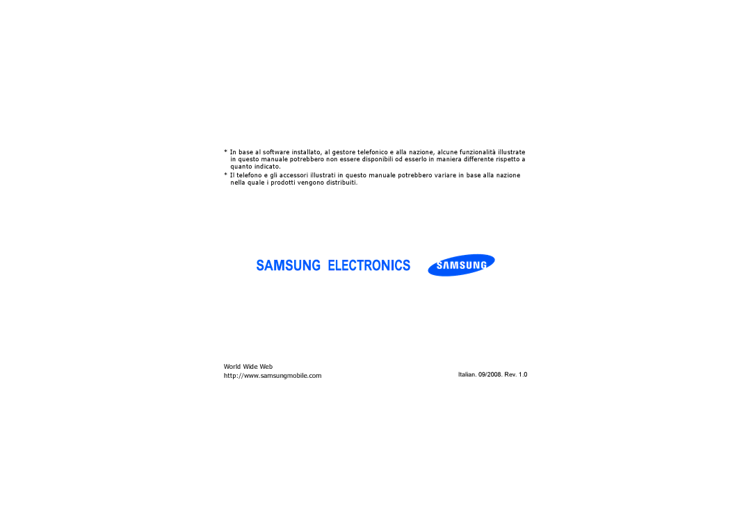 Samsung SGH-I200HBAHUI, SGH-I200MAAOMN, SGH-I200EKATIM, SGH-I200HBAOMN, SGH-I200HBAITV manual Italian /2008. Rev 