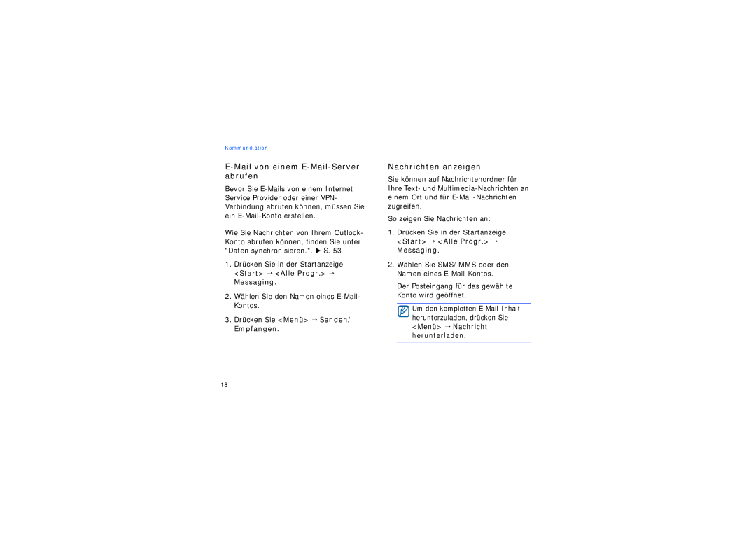 Samsung SGH-I200MAAONE, SGH-I200EKADBT, SGH-I200HBADBT manual Mail von einem E-Mail-Server abrufen, Nachrichten anzeigen 