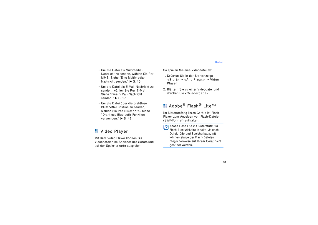 Samsung SGH-I200EKADBT, SGH-I200MAAONE, SGH-I200HBADBT manual Adobe Flash Lite, Start → Alle Progr. → Video Player 