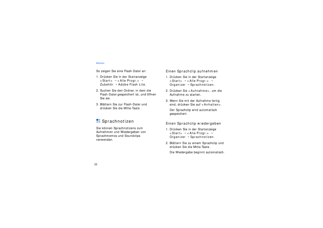 Samsung SGH-I200HBADBT, SGH-I200MAAONE manual Sprachnotizen, Einen Sprachclip aufnehmen, Einen Sprachclip wiedergeben 