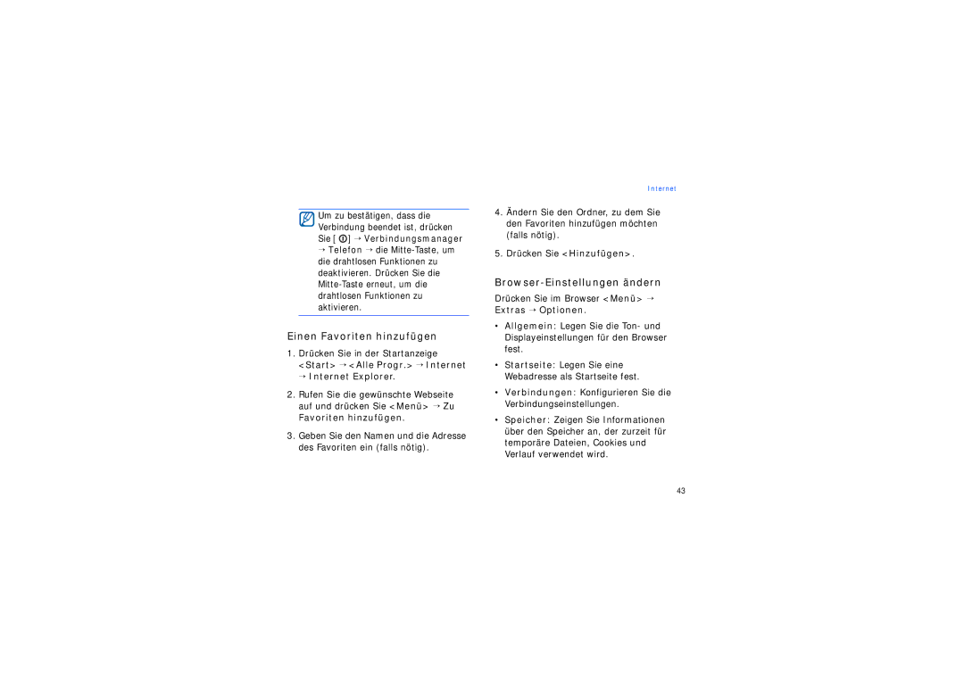 Samsung SGH-I200EKADBT, SGH-I200MAAONE, SGH-I200HBADBT manual Einen Favoriten hinzufügen, Browser-Einstellungen ändern 