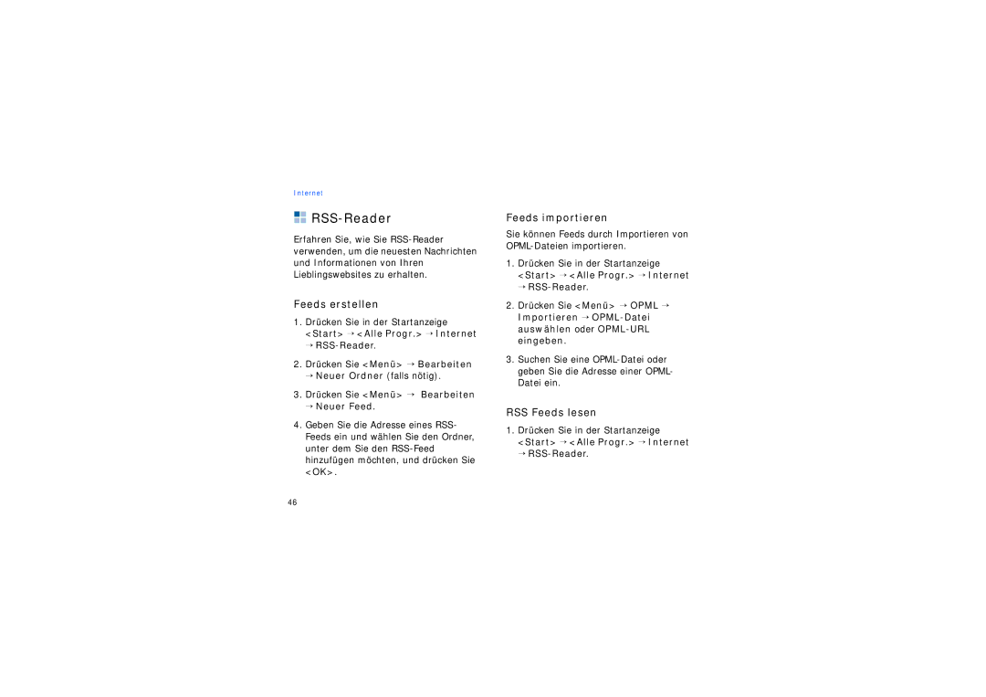 Samsung SGH-I200EKADBT, SGH-I200MAAONE, SGH-I200HBADBT manual RSS-Reader, Feeds erstellen, Feeds importieren, RSS Feeds lesen 
