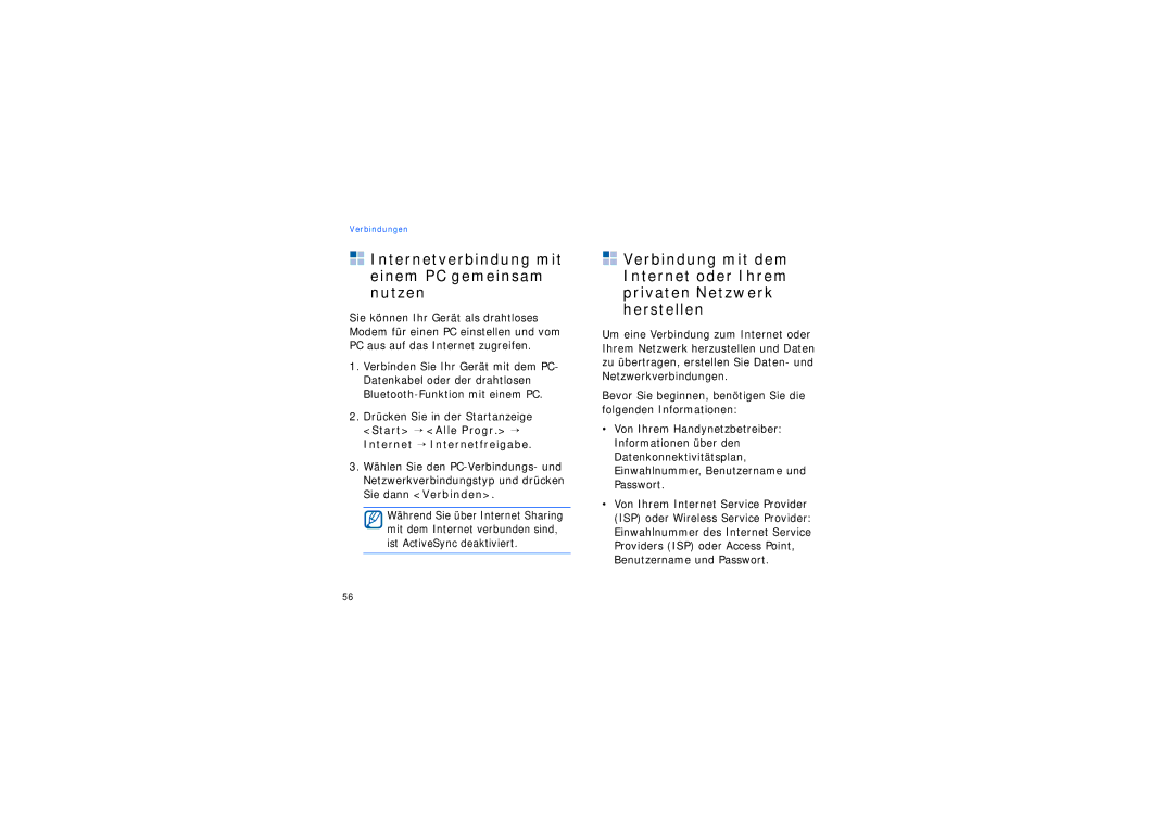 Samsung SGH-I200HBADBT, SGH-I200MAAONE, SGH-I200EKADBT manual Internetverbindung mit einem PC gemeinsam nutzen 