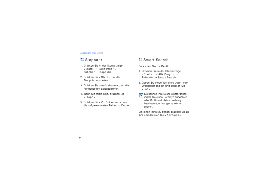 Samsung SGH-I200EKADBT, SGH-I200MAAONE, SGH-I200HBADBT manual Stoppuhr, Smart Search, So suchen Sie Ihr Gerät 