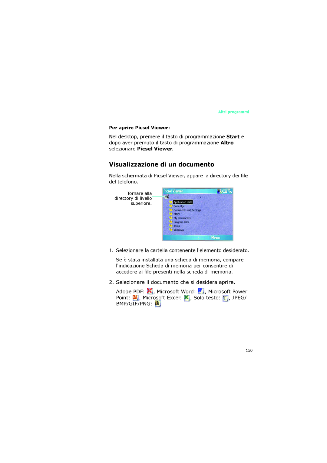 Samsung SGH-I320ZKAITV manual Visualizzazione di un documento, Selezionare la cartella contenente lelemento desiderato 