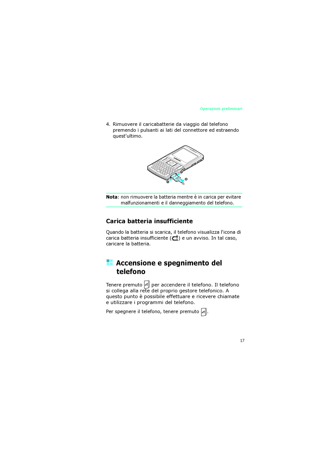 Samsung SGH-I320ZKNTIM, SGH-I320ZKAITV, SGH-I320ZKAXET Accensione e spegnimento del telefono, Carica batteria insufficiente 