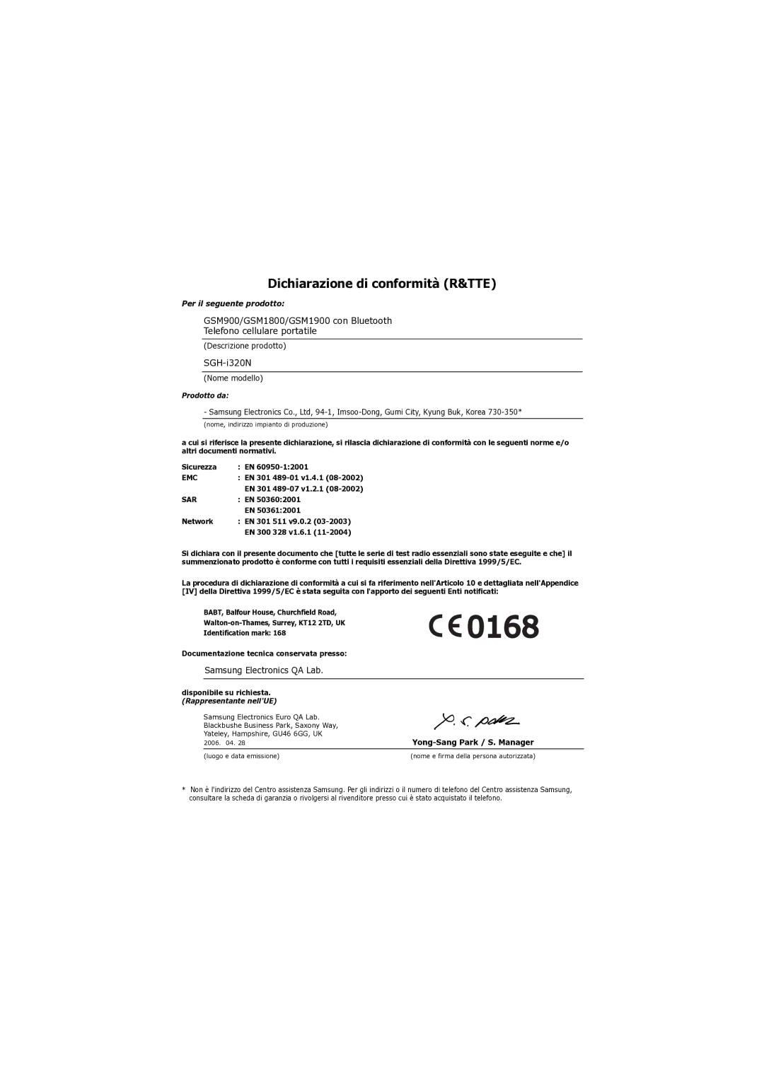 Samsung SGH-I320ZKNTIM, SGH-I320ZKAITV, SGH-I320ZKAXET manual Dichiarazione di conformità R&TTE, SGH-i320N 