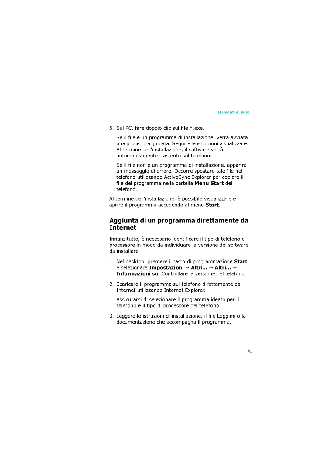 Samsung SGH-I320ZKNTIM manual Aggiunta di un programma direttamente da Internet, Sul PC, fare doppio clic sul file *.exe 