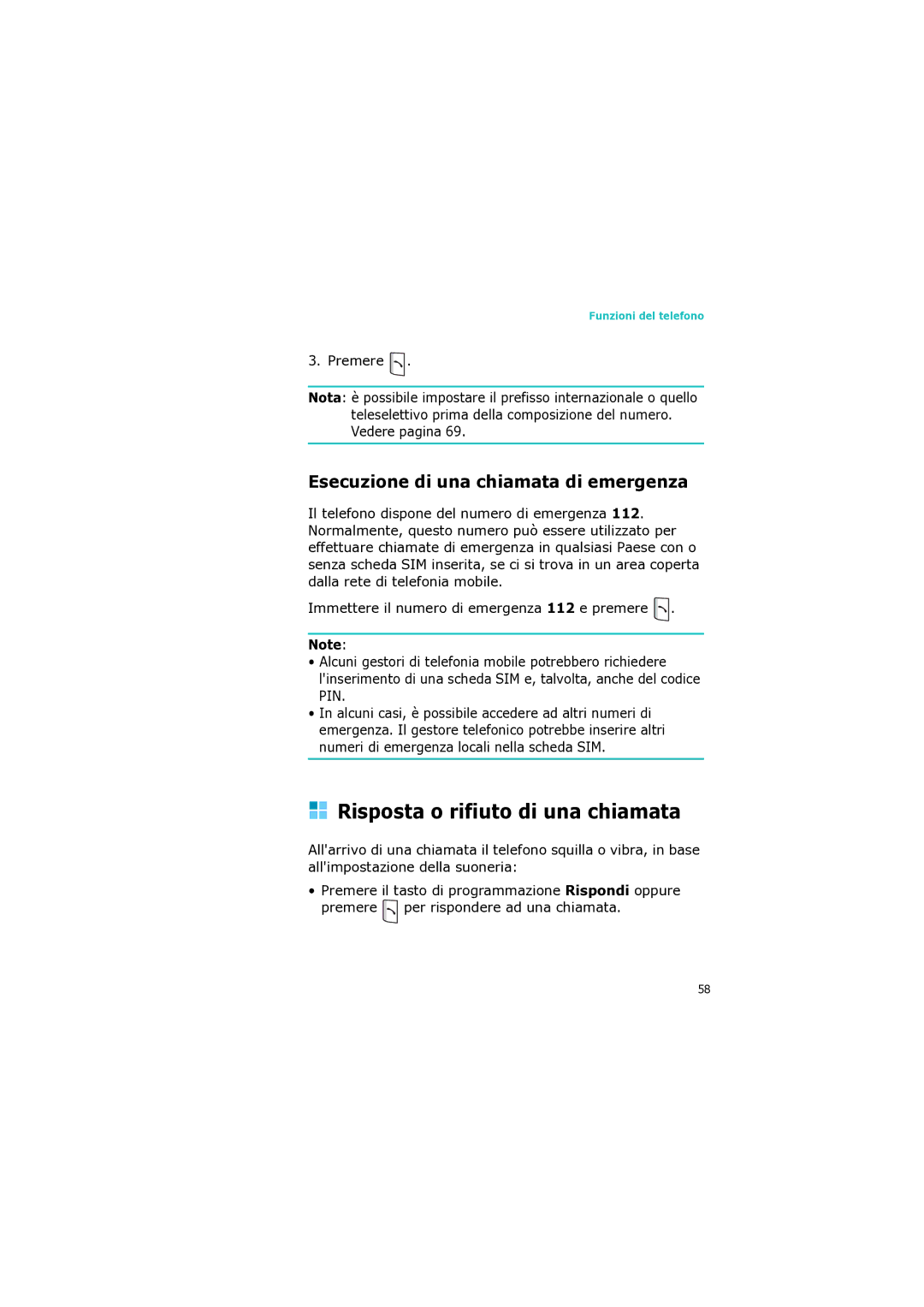 Samsung SGH-I320ZKAXET, SGH-I320ZKAITV manual Risposta o rifiuto di una chiamata, Esecuzione di una chiamata di emergenza 