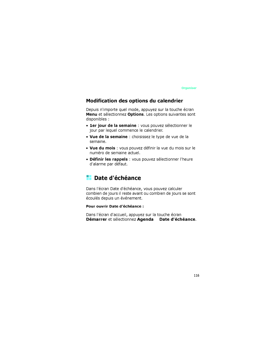 Samsung SGH-I320ZKADIX, SGH-I320ZKAXEF, SGH-I320ZKAFTM manual Date déchéance, Modification des options du calendrier 