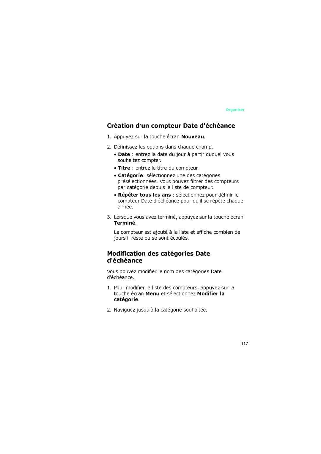 Samsung SGH-I320ZKAXEF, SGH-I320ZKAFTM Création dun compteur Date déchéance, Modification des catégories Date déchéance 