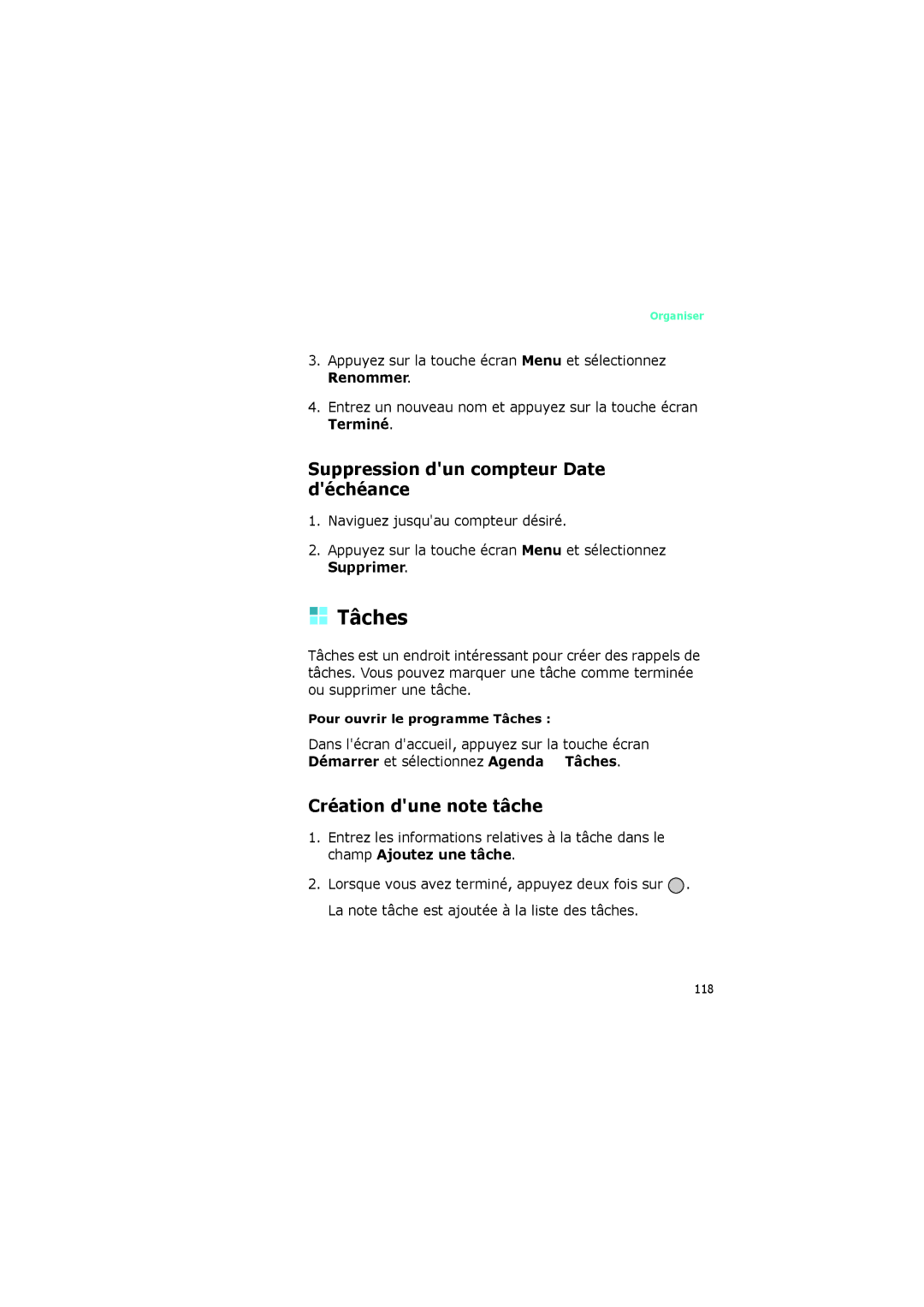 Samsung SGH-I320ZKAFTM, SGH-I320ZKAXEF manual Tâches, Suppression dun compteur Date déchéance, Création dune note tâche 