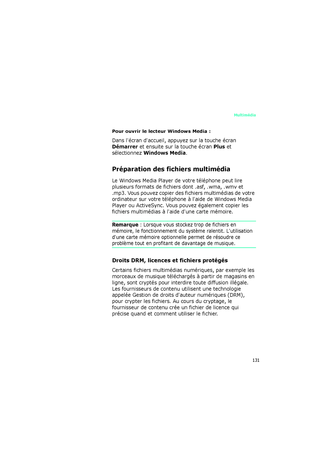 Samsung SGH-I320ZKADIX, SGH-I320ZKAXEF manual Préparation des fichiers multimédia, Droits DRM, licences et fichiers protégés 