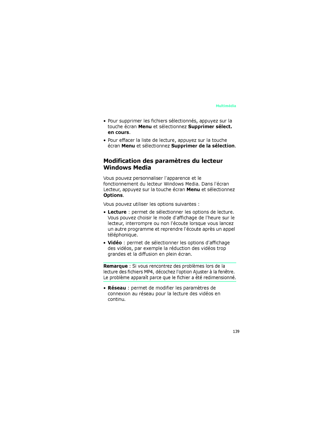 Samsung SGH-I320ZKAFTM, SGH-I320ZKAXEF, SGH-I320ZKADIX manual Modification des paramètres du lecteur Windows Media 