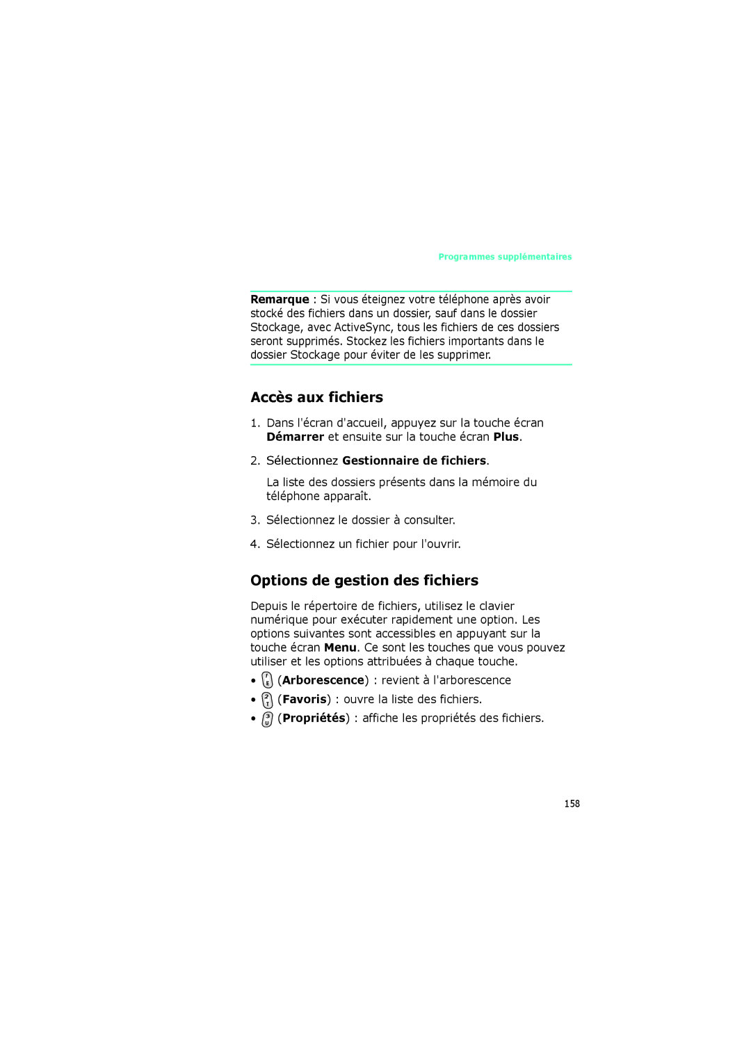 Samsung SGH-I320ZKADIX manual Accès aux fichiers, Options de gestion des fichiers, Sélectionnez Gestionnaire de fichiers 