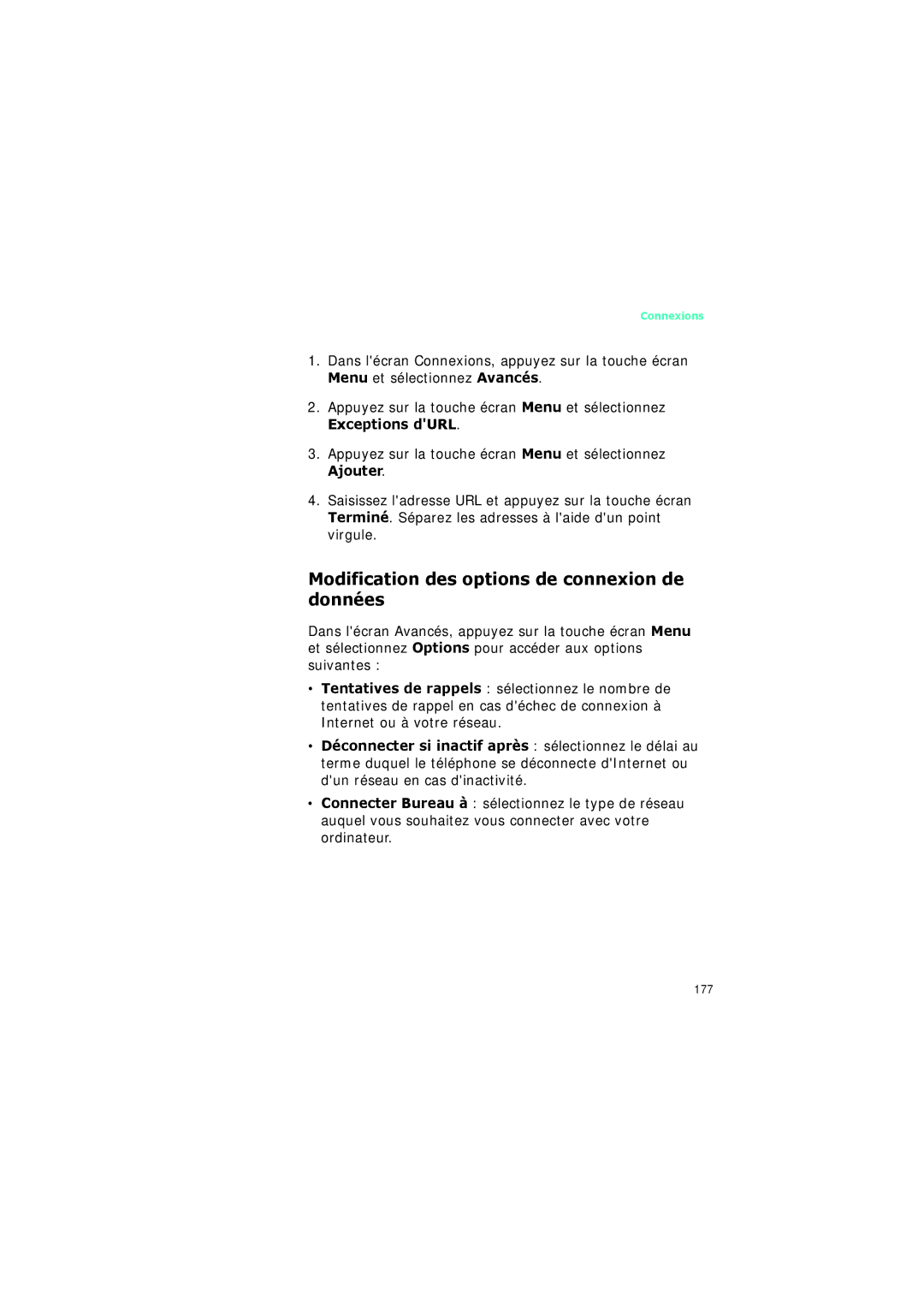 Samsung SGH-I320ZKAXEF, SGH-I320ZKAFTM, SGH-I320ZKADIX manual Modification des options de connexion de données 