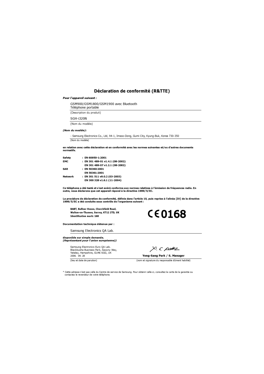 Samsung SGH-I320ZKAFTM, SGH-I320ZKAXEF, SGH-I320ZKADIX manual Déclaration de conformité R&TTE, SGH-i320N 